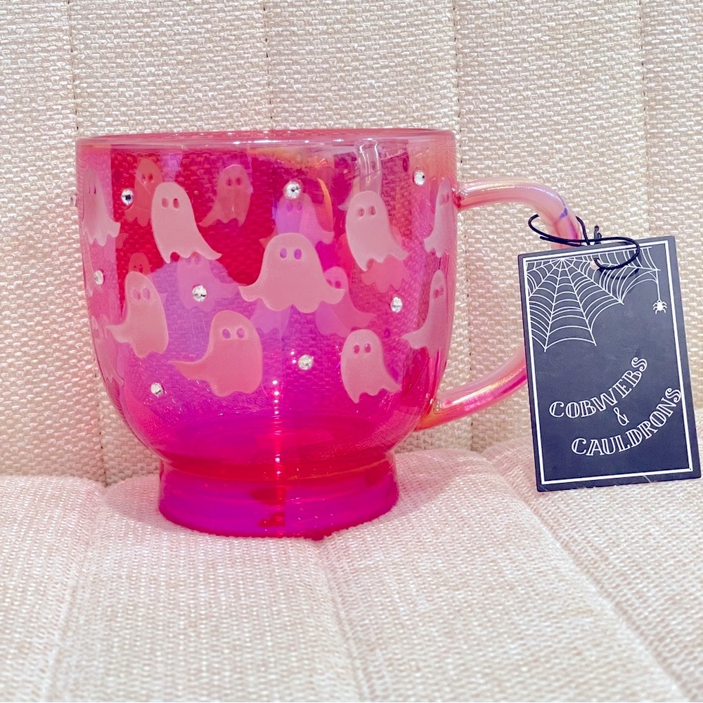 NEW Cobwebs & Cauldrons Pink Iridescent Ghost Mug Rhinestone Halloween‎ Coffee